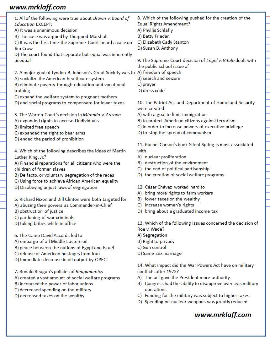 Civil Rights and Recent US History Multiple Choice Practice Questions